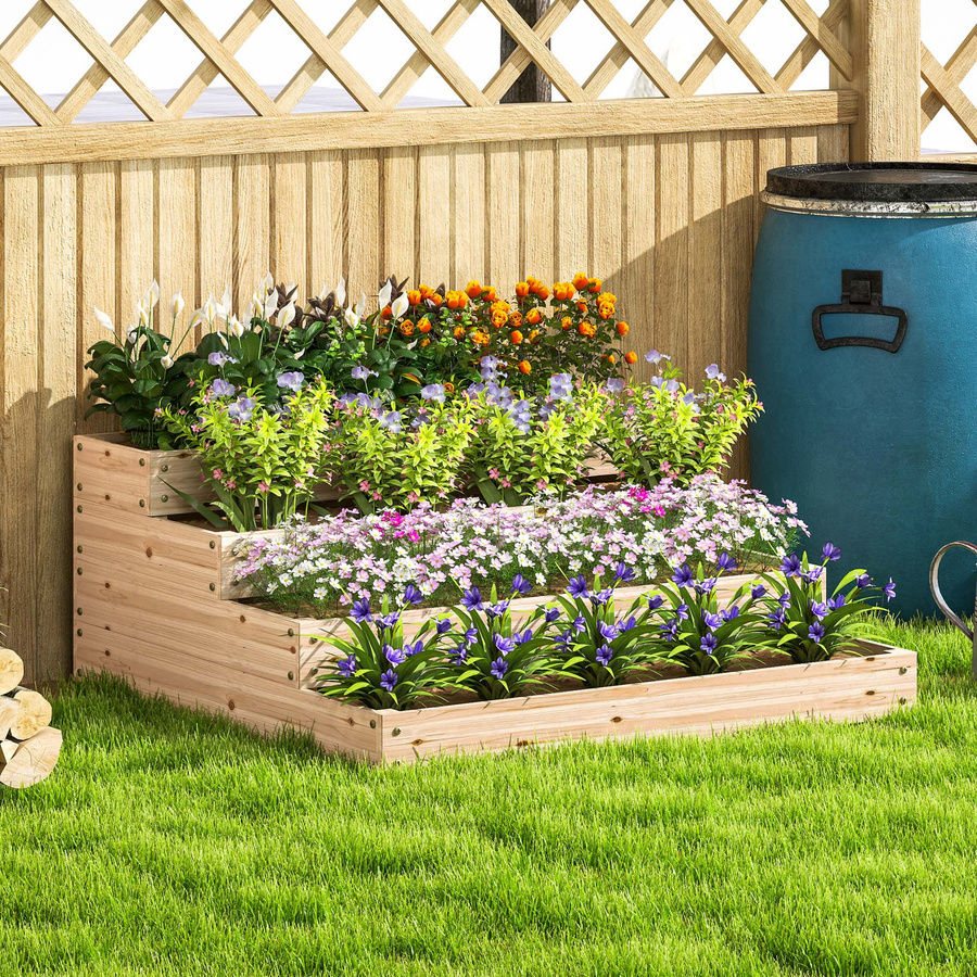 Outsunny Hochbeet aus massivem Holz in Braun, 4 Ebenen, bodenlos, B/T/H: 113 x 113 x 46 cm, ideal für Kräuter, Gemüse, Obst und Blumen - Bild 2