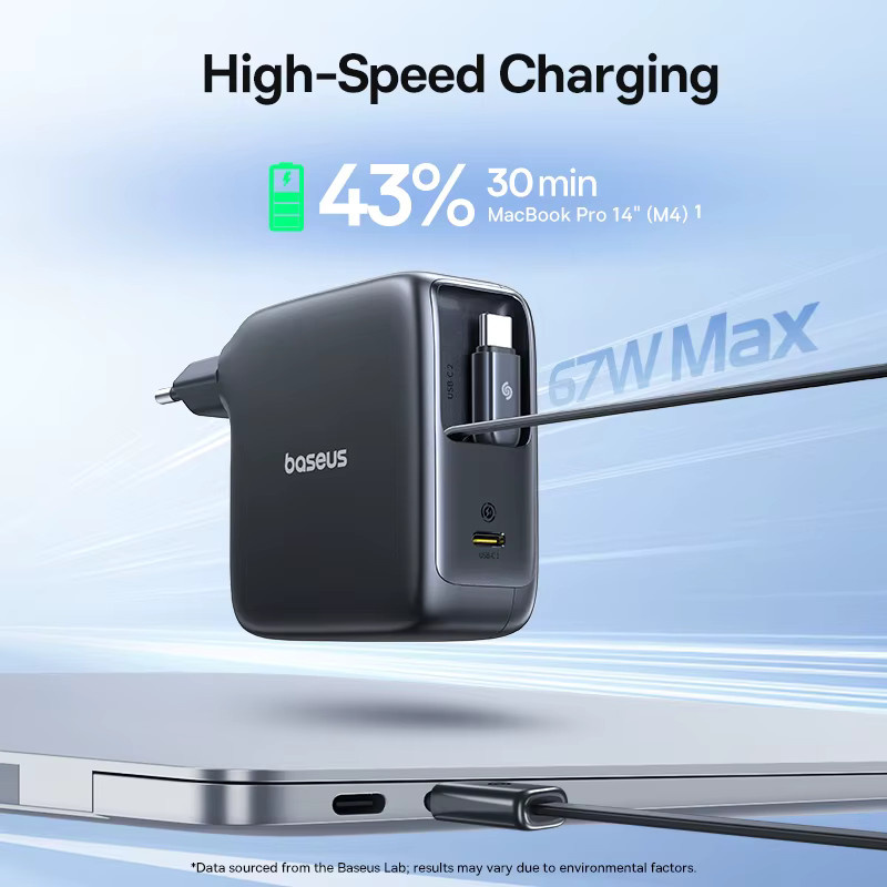 Baseus GaN Schnellladegerät mit USB-C und einziehbarem Kabel, 67W oder 100W, Schwarz - Bild 2