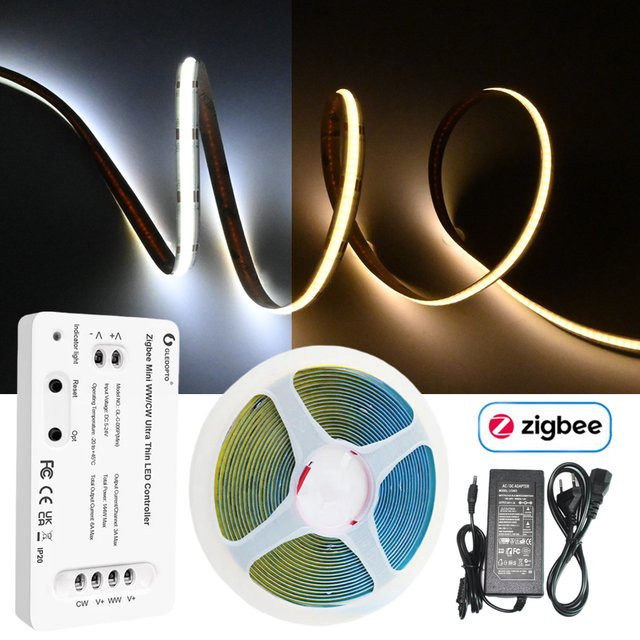 CENFAYA Zigbee 3.0 COB CCT LED-Streifen 12V Dual White, dimmbar mit App-Steuerung und Remote, kompatibel mit Alexa und Google Assistant, Farbe: Weiß - Bild 1