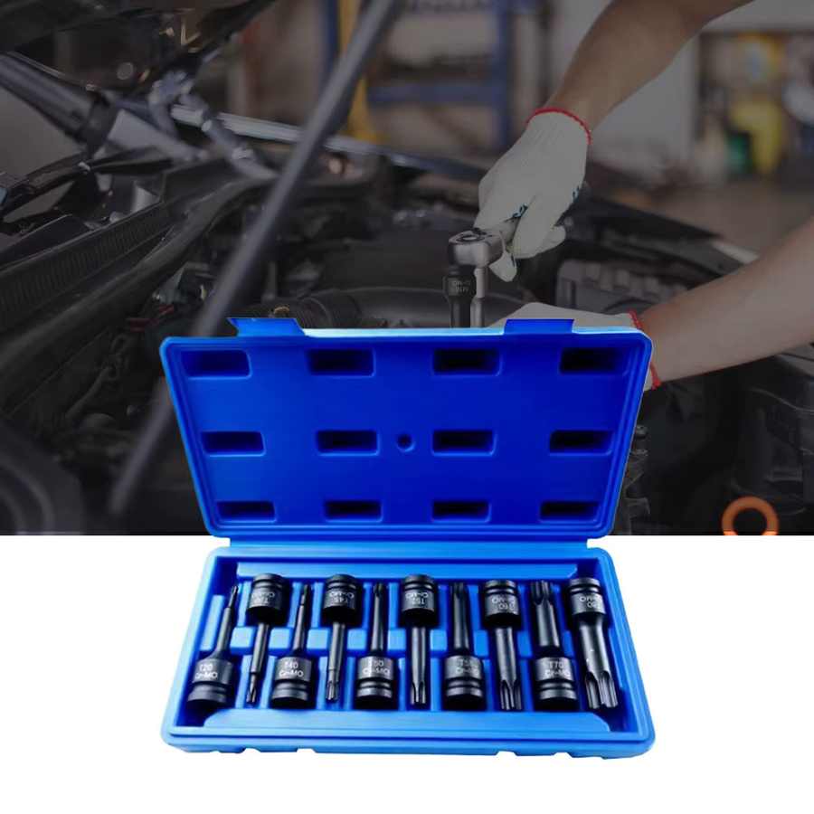 Podofo 10-teiliger Torx-Bit-Steckschlüsselsatz 1/2 Zoll aus Cr-Mo-Stahl in Blau mit Aufbewahrungskoffer, T20-T80 Stern-Steckschlüsseladapter für Kfz-Reparatur und Wartung - Bild 3