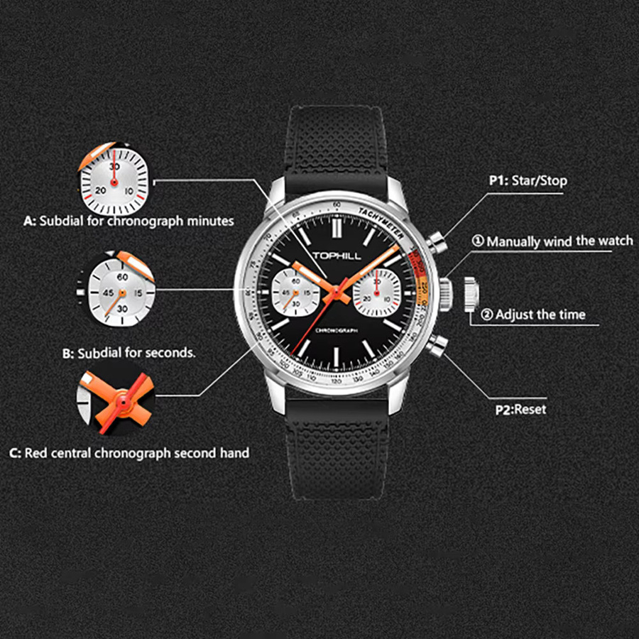 TOPHILL Chronographenuhr, Automatik, Edelstahl, 40 mm, Herren, Schwarz - Bild 1