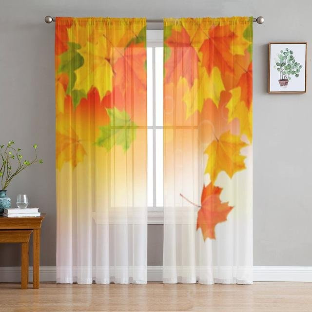 Transparenter Tüllvorhang mit Ahornblatt-Motiv von A Family Of Home Textiles, dekorative Voile-Fensterdekoration für Wohnzimmer und Schlafzimmer, B: 135 cm, H: 114 cm - Bild 1