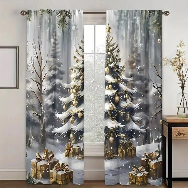 Tonnika Chen Set aus 2 lichtblockierenden Weihnachtsbaum Geschenk Muster Vorhängen in Gold, B: 100 cm, H: 70 cm - Bild 1