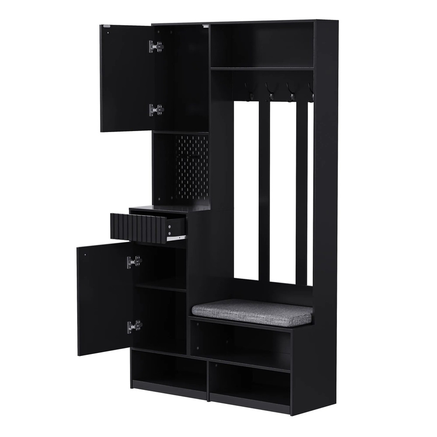 okwish Garderoben Set mit Sitzbank in Schwarz, modernes Hallentree mit 4 Haken, Türen und Schubladen, B/H/T: 100 x 180 x 35 cm - Bild 2