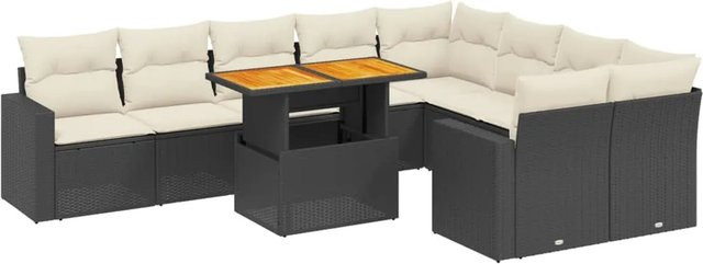 vidaXL 10-tlg. Garten-Sofagarnitur in L-Form aus Polyrattan und Akazienholz mit Kissen in Schwarz-Creme - Bild 1