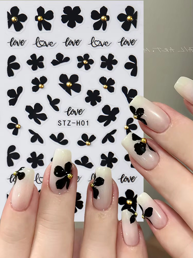 Full Beauty Nagelaufkleber, 3D Blumen, Schwarz, Gold, Perle, Glänzend - Bild 6