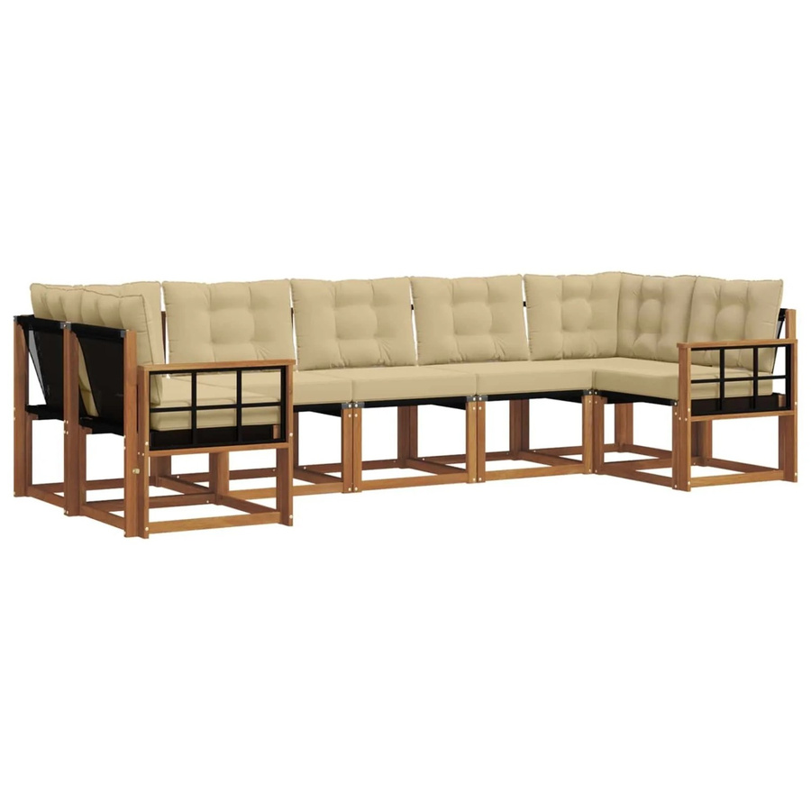 vidaXL Outdoor-Sofagarnitur 7-teilig L-Form aus Akazienholz und Textilene in Natur-Beige mit Kissen und Armlehnen - Bild 2