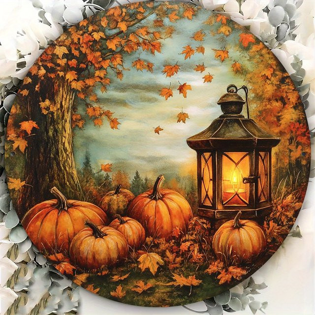 Potdemiel Metall-Wandkunst Herbstlaterne und Kürbis in Vintage-Optik, Orange/Mehrfarbig, B/H: 20,32 x 20,32 cm - Bild 1