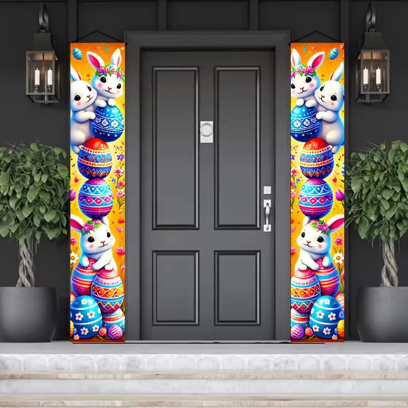 VIKAMA Ostern Tür Banner mit Osterei und Kaninchen, dekorative Outdoor Flagge für Veranda und Garten, Mehrfarbig, B: 30 cm, H: 180 cm - Bild 4