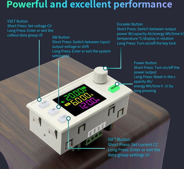 Aideepen SK120X CNC DC Geregeltes Netzteil DC-DC Step-Up/Down Tischgerät 120W in Weiß mit USB-A und USB-C Anschlüssen - Bild 1