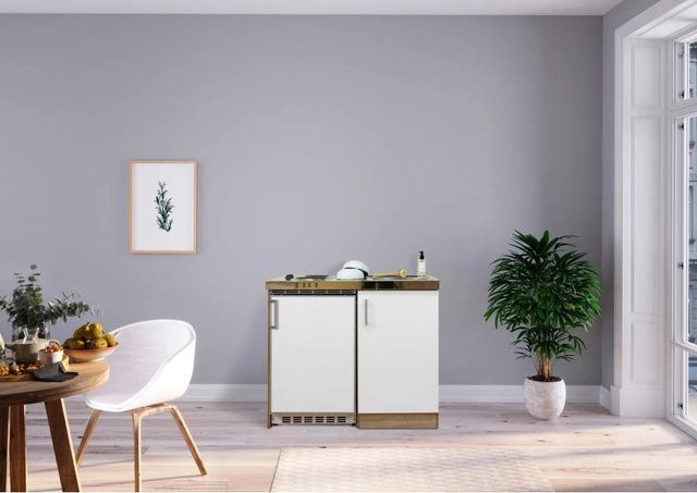 Respekta Miniküche MK100ESW Küchenzeile in Weiß-Eiche Sägerau Nachbildung, B/T/H: 100 x 60 x 87 cm - Bild 1