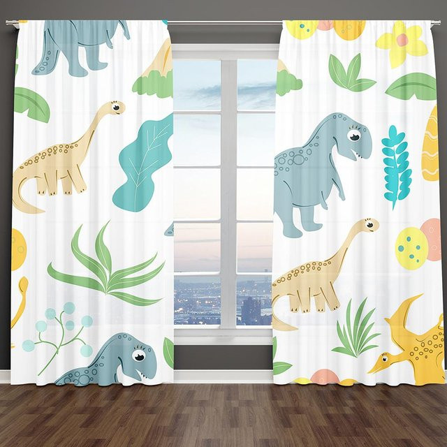 A Family Of Home Textiles Kinder Vorhänge mit Dinosaurier Motiv, 2er Set, halbtransparent, Mehrfarbig, Breite: 85 cm, Höhe: 200 cm - Bild 1