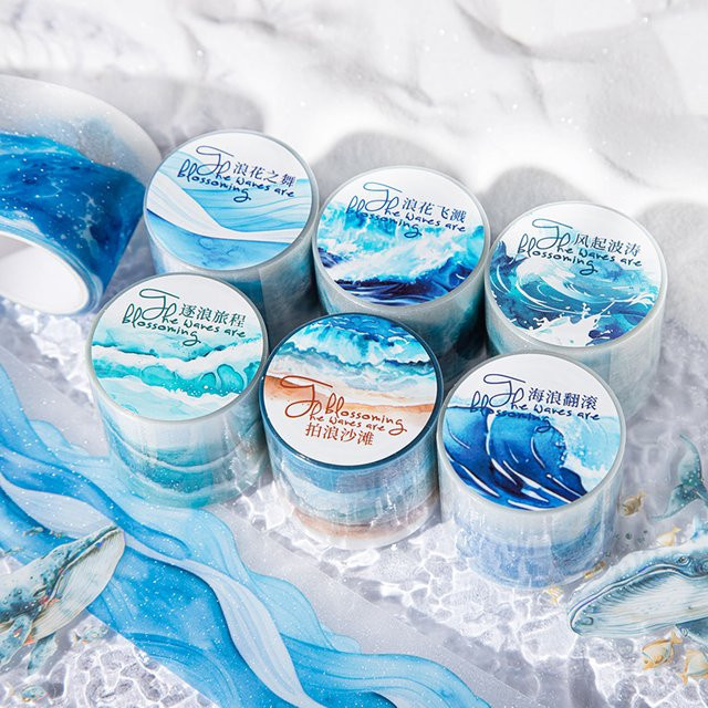 6er Set Washi Tape mit Ozean-Wellen-Motiv in Blau, Breite: 40 mm, Länge: 200 cm pro Rolle, Scrapbooking Material für Tagebuch und Album - Bild 1