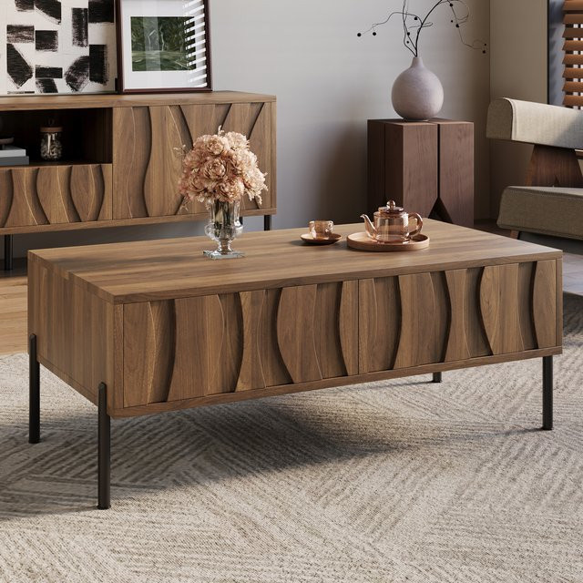 PINGGO Retro Couchtisch in Braun mit klassischem Design, B/T/H: 105 x 55 x 4 cm - Bild 1