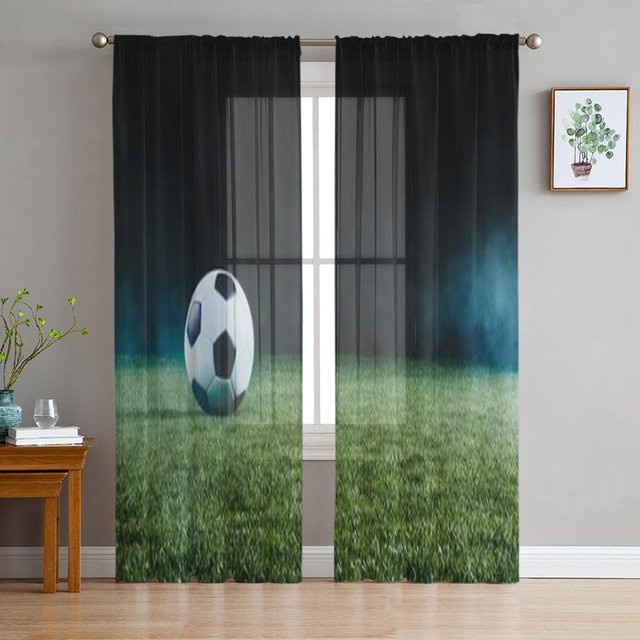 Dekorativer Tüllvorhang mit Fußballmannschaft-Motiv in Grau, transparentes Organza-Design für Wohnzimmer und Schlafzimmer, Breite: 135 cm, Höhe: 114 cm - Bild 1