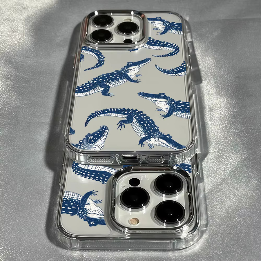 Aurbe Handyhülle mit Indigo Krokodilmuster und silbernem Linsenrahmen für iPhone 11 bis iPhone 17 Pro Max, Transparent - Bild 3