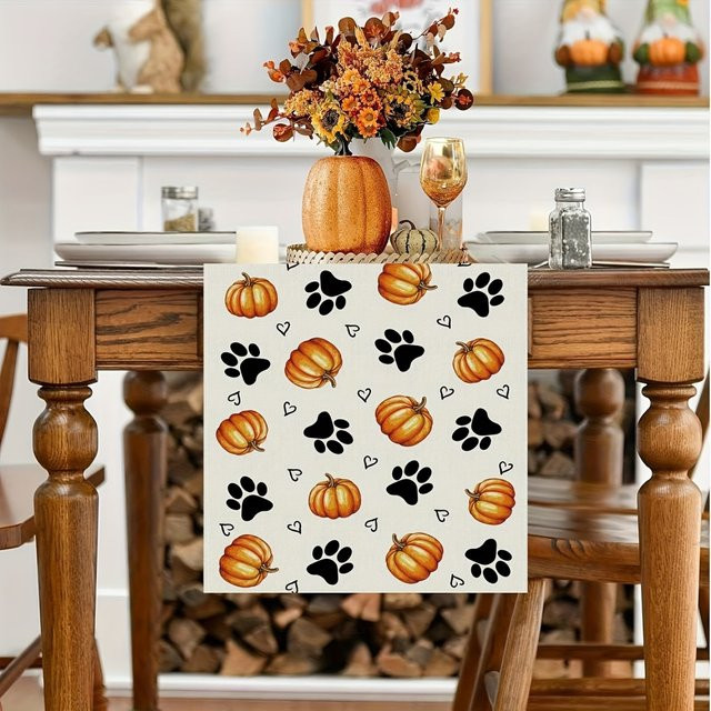 DOKRIY Herbst-Tischläufer aus Leinen in Weiß mit Kürbis- und Hundepfoten-Design, B/H: 45 x 150 cm - Bild 1