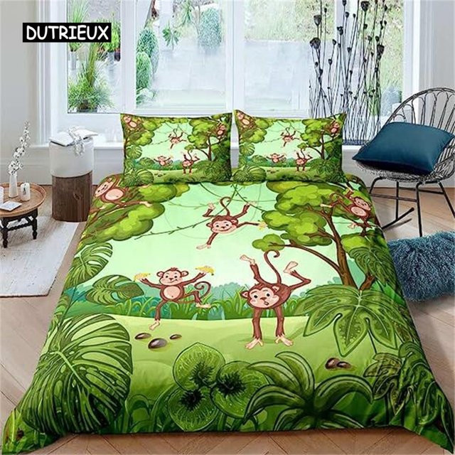 Binchi Outdoor Product Bettwäscheset mit Affen-Motiv für Kinder, 3-teiliges Microfaser-Bettwäscheset in Grün, B/H: 140 x 200 cm - Bild 1