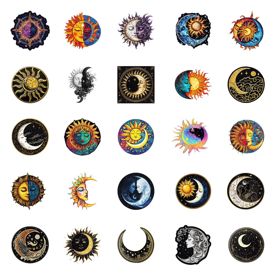 50 Stück Mond und Sonne Aufkleber in Schwarz und Multicolour für Handy, Computer und Helm - Bild 2