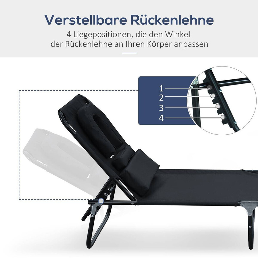 Outsunny Sonnenliege aus Textilene in Schwarz mit verstellbarer Kopfstütze und pulverbeschichtetem Stahlgestell, B/H/L: 28 x 56 x 190 cm - Bild 4