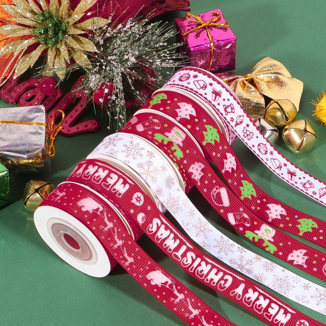 OEMOO Weihnachtsband aus Polyester mit floralem Print für DIY-Geschenkverpackungen und Weihnachtsdekoration, Breite: 1,5 cm, Länge: 4,57 m - Bild 1