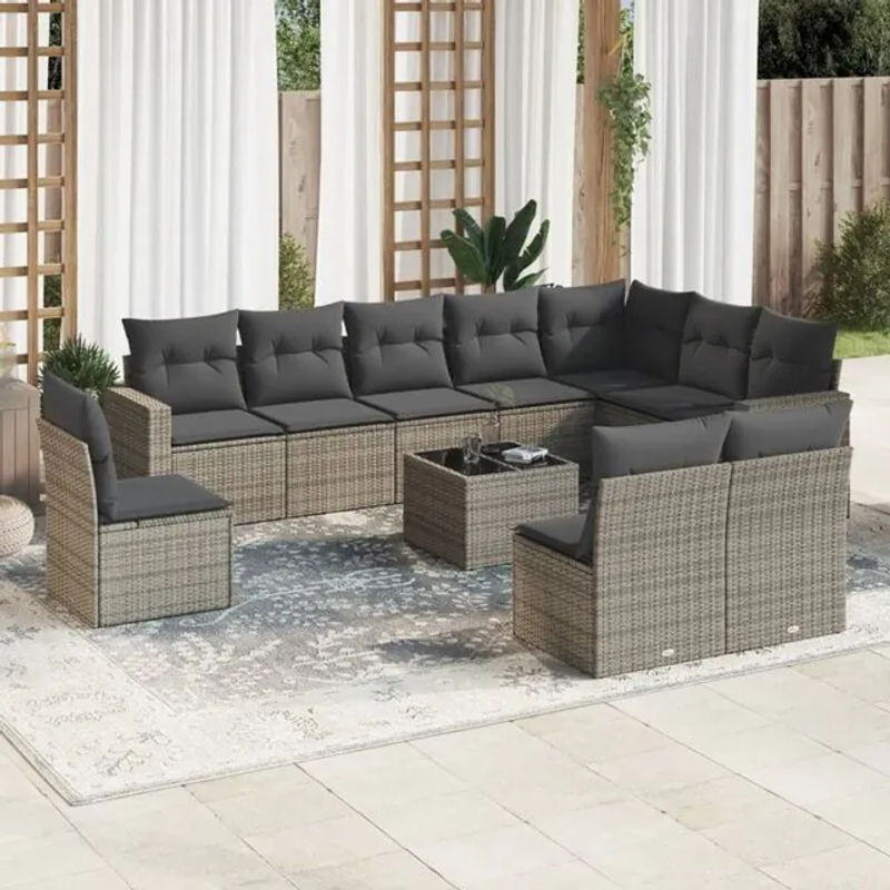 Vidaxl 11-tlg. Garten-Sofagarnitur aus Polyrattan mit Kissen in Grau inklusive Loungemöbeln und Glastisch - Bild 1