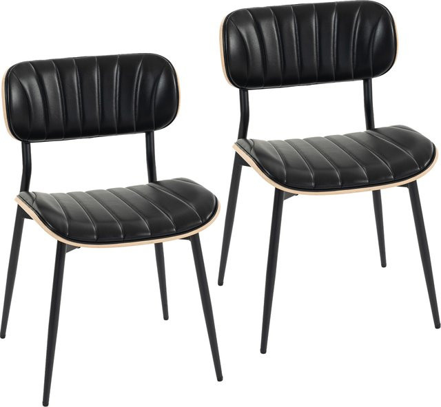 HOMCOM 2er-Set Esszimmerstühle mit geschwungener Rückenlehne und PU-gepolsterter Sitzfläche, moderne Küchenstühle mit Metallbeinen, Schwarz und Naturholz - Bild 1