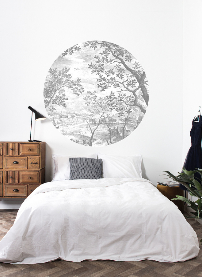 KEK Amsterdam Mural Engraved Landscapes 7 Circle Wandbild in Schwarz-Weiß-Grau, Durchmesser: 142,5 cm - Bild 1