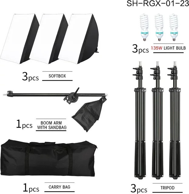 SH Professionelles Fotografie-Studio Softbox-Beleuchtungsset mit Stativarm und Sandsack in Schwarz - Bild 1