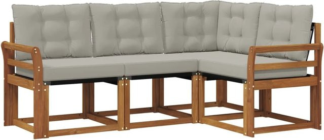 vidaXL Outdoor-Sofagarnitur 4-teilig L-Form aus Akazienholz mit Textilene und Kissen in Natur und Hellgrau - Bild 1