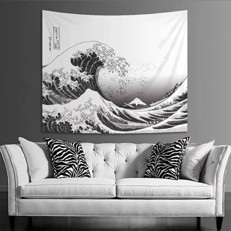 VIKAMA Wandteppich Die große Welle vor Kanagawa in Schwarz-Weiß, japanische Ukiyo-e-Kunst als Wandbehang, B: 90 cm, H: 60 cm - Bild 5