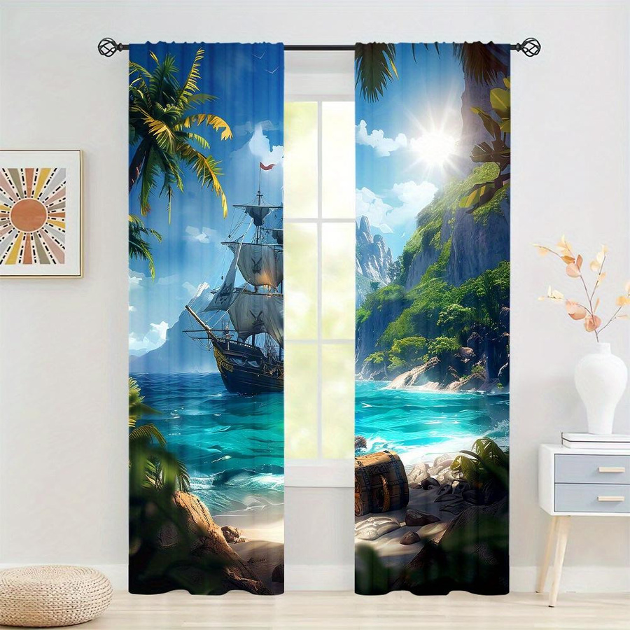 Yiran Furniture 2-teiliges halbverdunkelndes Vorhang-Set mit Tropische Insel Piratenschiff Palme Design, Mehrfarbig, B: 100 cm, H: 130 cm - Bild 2