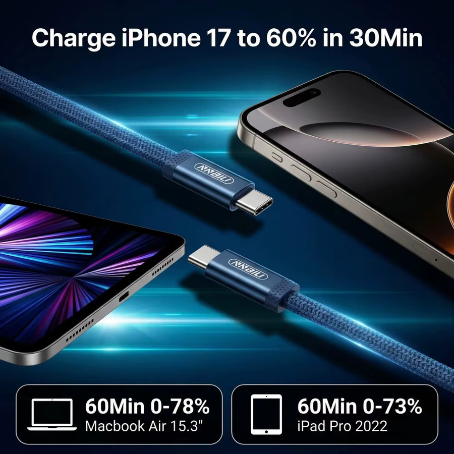 NNBILI PD 60W Flaches Dual-USB-C-Datenkabel für schnelles Laden von iPhone 17, Samsung S26, Xiaomi und MacBook in Orange oder Blau - Bild 2
