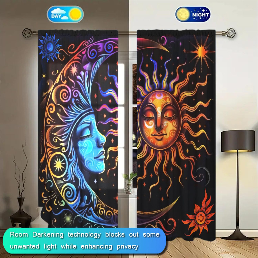 2er-Set Retro Vorhang mit Sonne und Mond Motiv, halbtransparent, mehrfarbig, B: 52,5 cm, H: 116 cm - Bild 4
