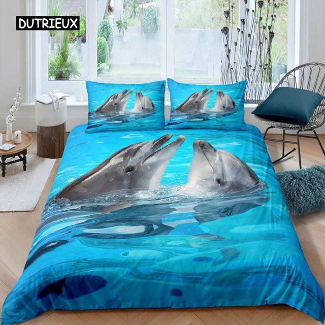 Bettwäsche-Set mit 3D-Delfin-Motiv in Blau von Binchi Outdoor Product, Material Mikrofaser-Polyester, B/H: 135 x 200 cm - Bild 1