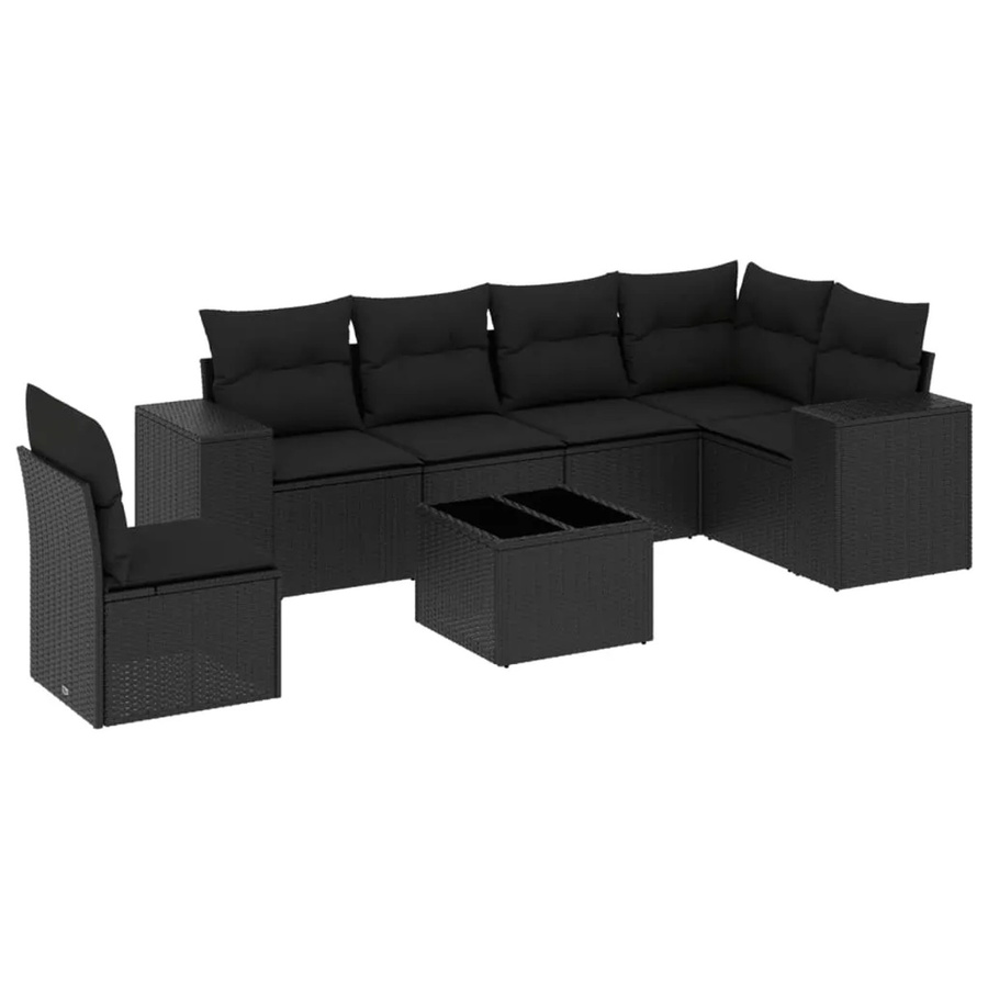 vidaXL 7-teilige Garten-Sofagarnitur in L-Form aus schwarzem Poly-Rattan mit Kissen und pulverbeschichtetem Stahlgestell - Bild 2