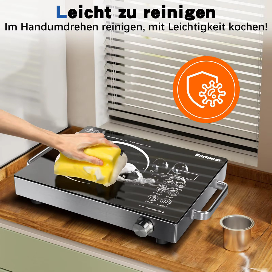 Karinear Tragbares Glaskeramik Kochfeld mit 1 Platte in Schwarz, 2000W, mit Timer und Kindersicherung - Bild 5