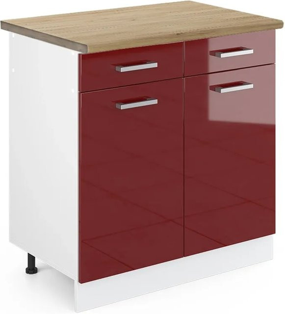 Vicco Küchenunterschrank R-Line in Bordeaux Hochglanz und Weiß mit Eiche-Optik, Breite: 80 cm, Tiefe: 60 cm, Höhe: 81,6 cm - Bild 1
