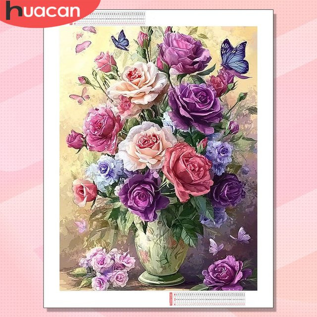 HUACAN Diamantmalerei Rosen-Blumen-Mosaik in Mehrfarbig als Wanddekor mit quadratischen und runden Diamanten, Breite: 20 cm, Höhe: 30 cm - Bild 1