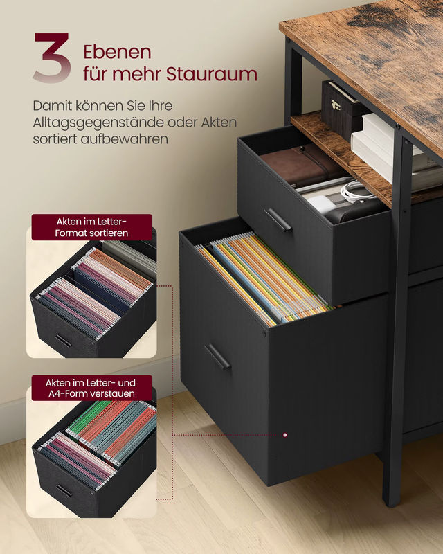 Vasagle Schreibtisch mit 3 Ablagen in Braun-Schwarz, B/T/H: 140 x 60 x 76 cm - Bild 4