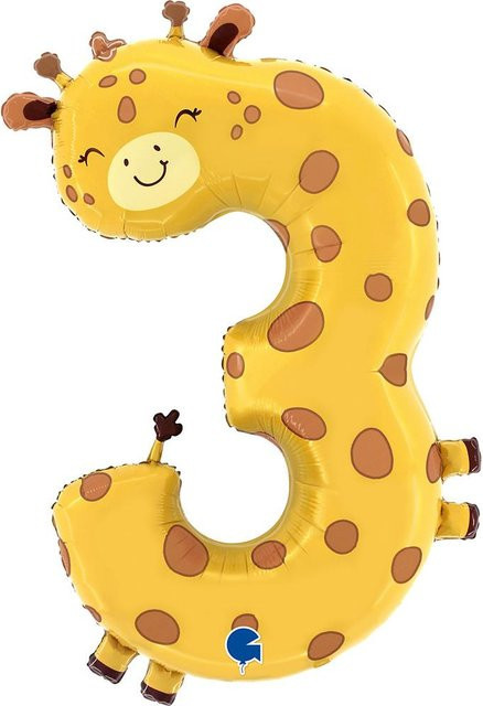 Grabo Folienballon Ziffer 3 mit Giraffe im Safari-Design, Gelb, Höhe: 97 cm - Bild 1