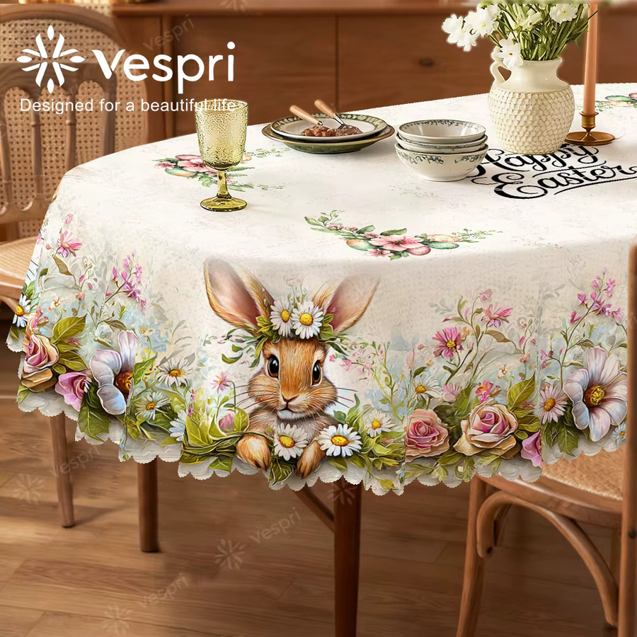 Vespri Oster-Tischdecke mit Hasen-, Blumen- und Blättermuster im Country-House-Stil für Partys und Feste - Bild 2