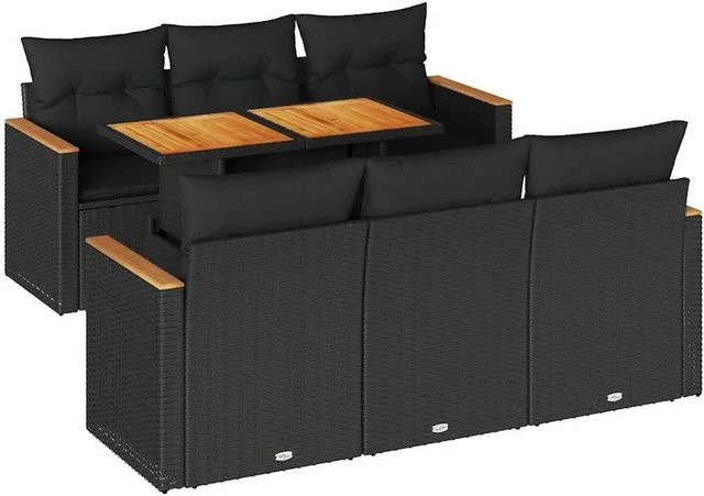 vidaXL 7-teilige Garten-Sofagarnitur aus Poly-Rattan und Akazienholz in Schwarz mit Kissen - Bild 1
