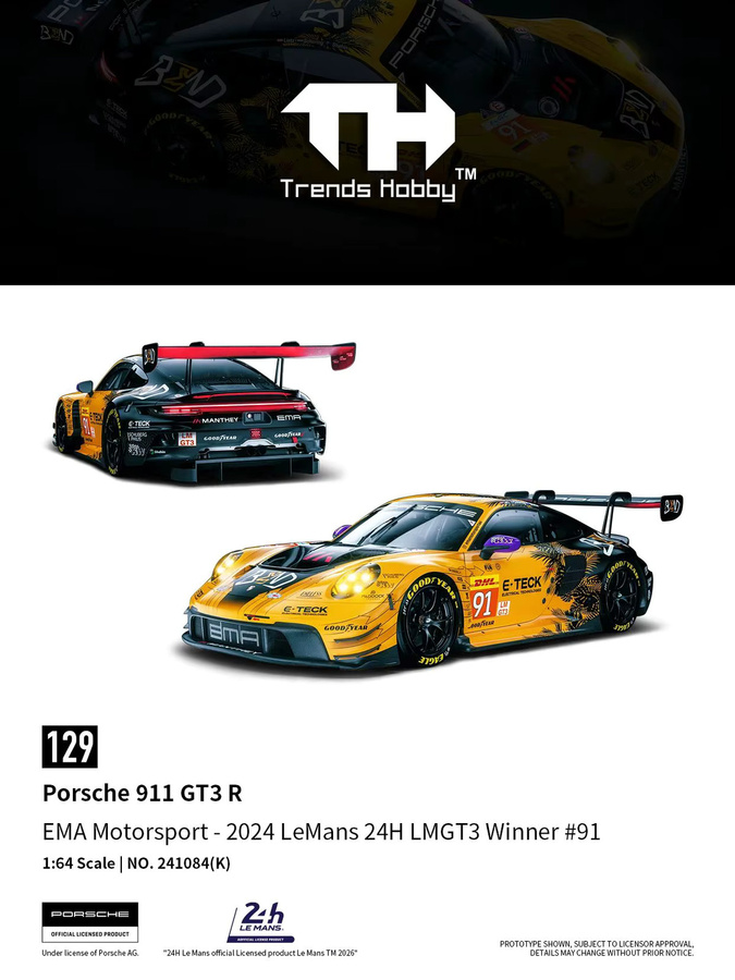 Trends Hobby Porsche 911 GT3 R 2024 LeMans 24H LMGT3, Miniaturmodell, 1:64, Gelb - Bild 2