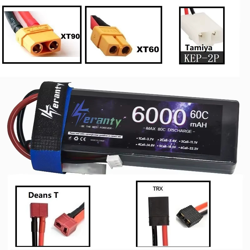 Teranty 2S LiPo Akku 7,4 V 6000mAh 60C für RC Fahrzeuge mit XT90 und XT60 Anschlüssen, Schwarz - Bild 2