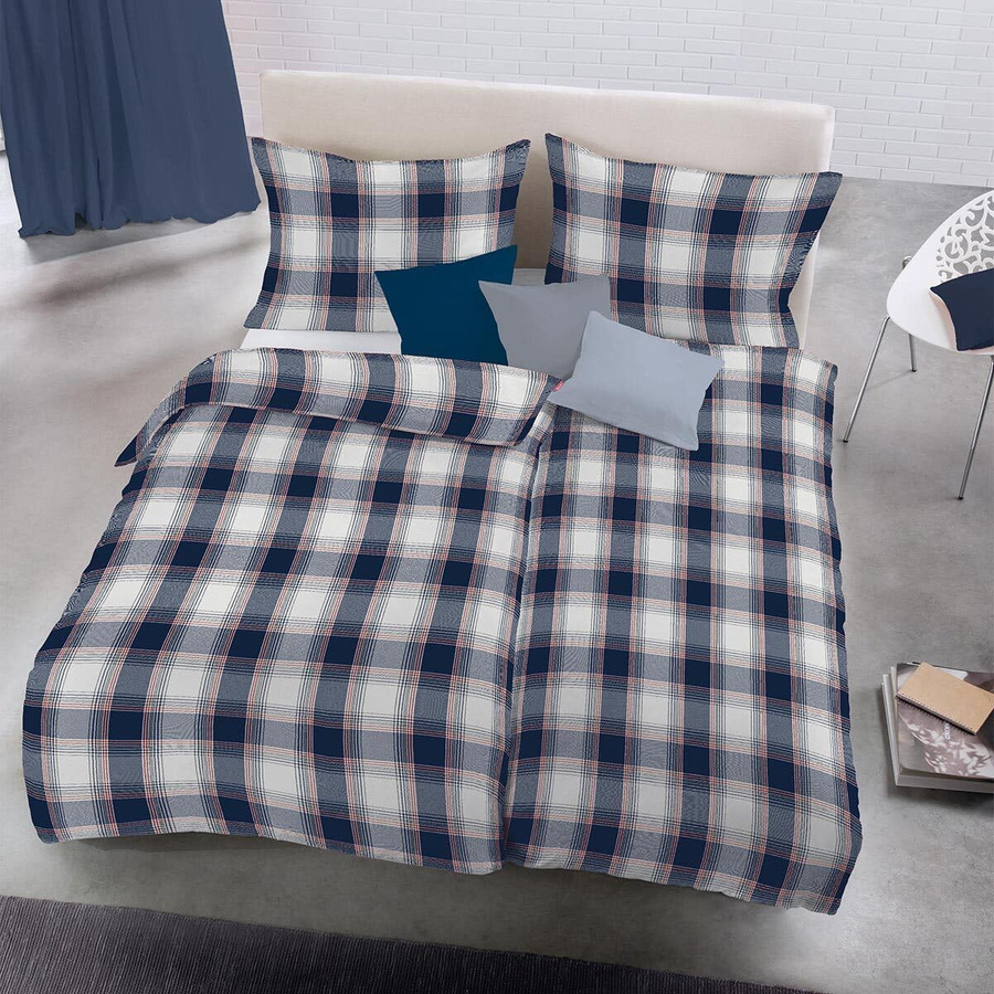 Fleuresse Lech Edelflanell Bettwäsche Karo Blau Rot Weiß mit Bettbezug und Kissenbezug B/T/H: 155 x 220 cm und 80 x 80 cm - Bild 1
