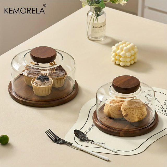 KEMORELA runder Kuchenständer aus Holz mit Glaskuppeldeckel als Serviertablett für Gebäck und Desserts - Bild 1