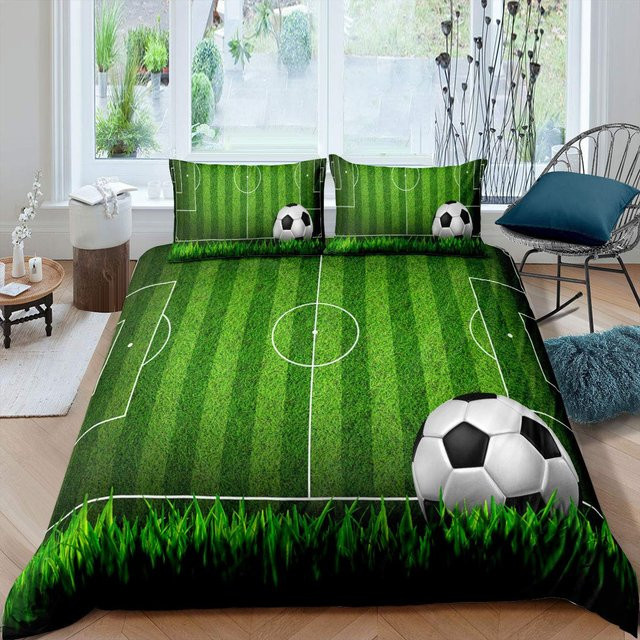 Binchi Fitness Bettwäscheset Fußballfeld Design, Grüner Fußballplatz Bettbezug und Kissenbezug aus Polyester, King Size, B/H: 240 x 210 cm - Bild 1