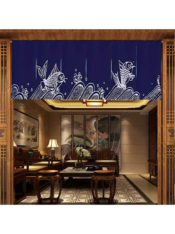 VIKAMA Japanischer Trennvorhang in Blau mit Tier-Grafik für Küchentüren und Sushi-Präsentation, Breite: 200 cm, Höhe: 50 cm - Bild 2