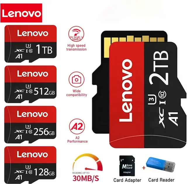Lenovo V30 A2 SD-Speicherkarte mit 2TB Kapazität in Rot inklusive Micro TF SD-Adapter für Smartphone, Tablet und PC - Bild 1